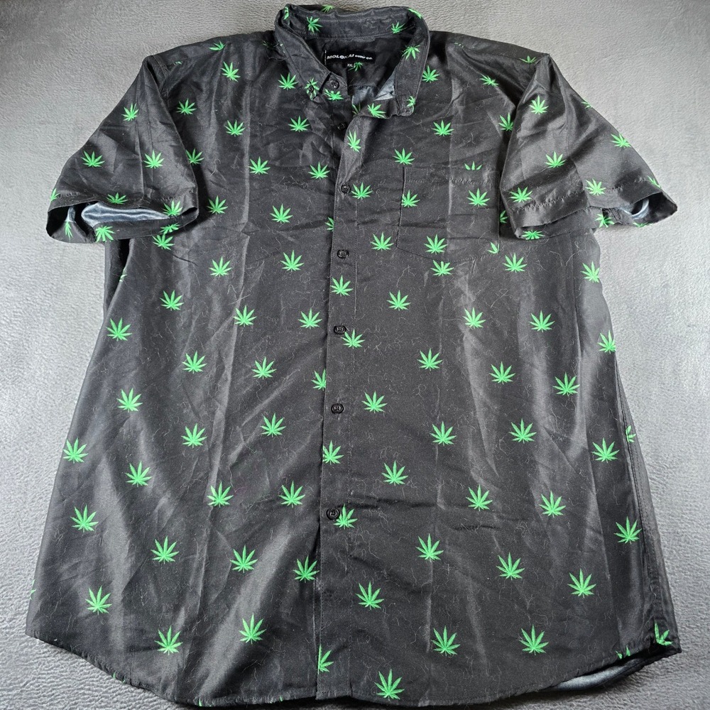 Molokai Surf Co Mens XXL Black Green Leaf Print Button Down Short Sleeve Shirt